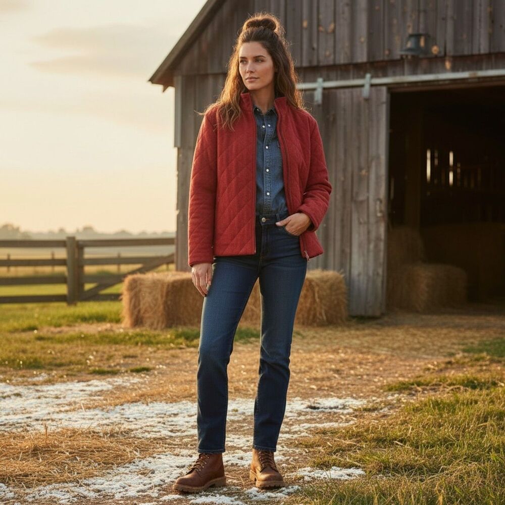 Vintage Woolrich Ruby Heather Quilted Wool Jacket Red Coat Mock Neck Womens M